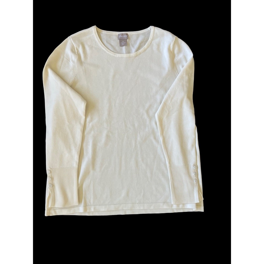 Chico's Creamy White Long Sleeve Knit Sweater Top Button Cuff  Size 1 petite M/8